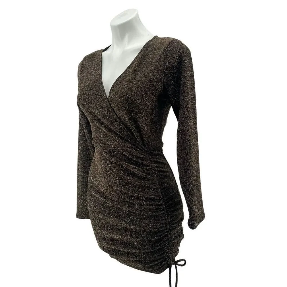 Rolla Coster Gold Metallic Long Sleeve Ruched Bodycon Mini Dress NWT Medium